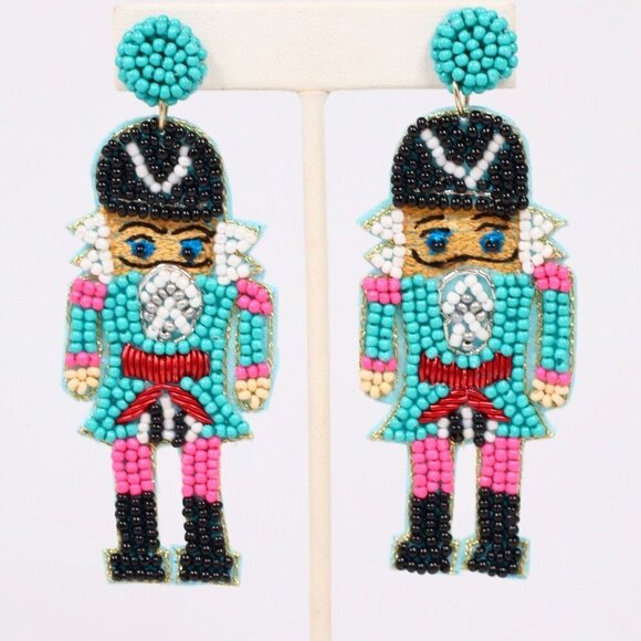 Pastel Beaded Nutcracker Earrings Teal - Picture 1 of 2